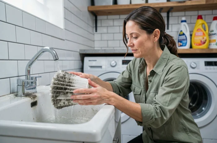 Femme rinçant le filtre cartouche plissé d'un aspirateur Karcher WD4 sous l'eau du robinet