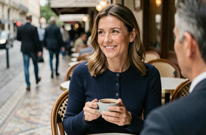 Frau in einem marineblauen Strickkleid, die auf einer Caféterrasse sitzt, Mode-Look Herbst 2024