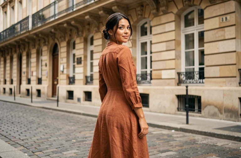 Femme portant une robe midi en lin terracotta dans une rue pavée parisienne, tendances mode 2024