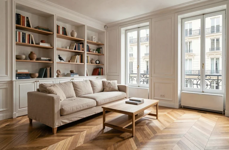 Salon moderne meublé et équipé dans un appartement Haussmannien, avec canapé en lin beige, parquet en chevrons et étagères intégrées