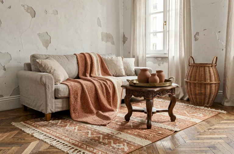 Coin salon décoré d'objets ethniques artisanaux avec tapis marocain, plateau en laiton martelé et panier en rotin dans un appartement parisien