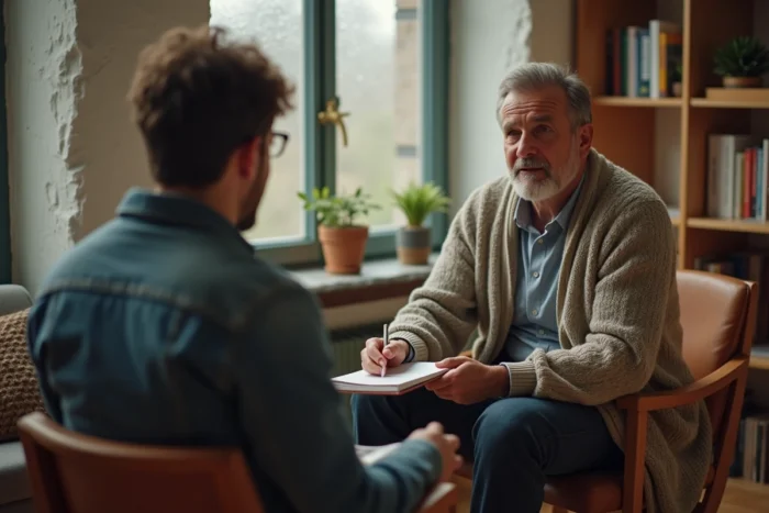 Séance de thérapie ACT entre un psychologue et un patient dans un cabinet bienveillant, représentant l'engagement thérapeutique et la flexibilité psychologique