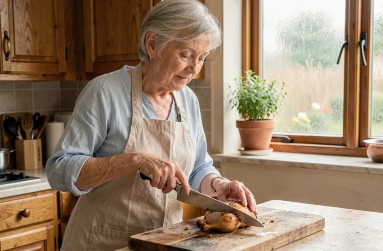 Une femme âgée coupe un blanc de poulet rôti dans une cuisine familiale chaleureuse, illustrant une alimentation saine pour les seniors