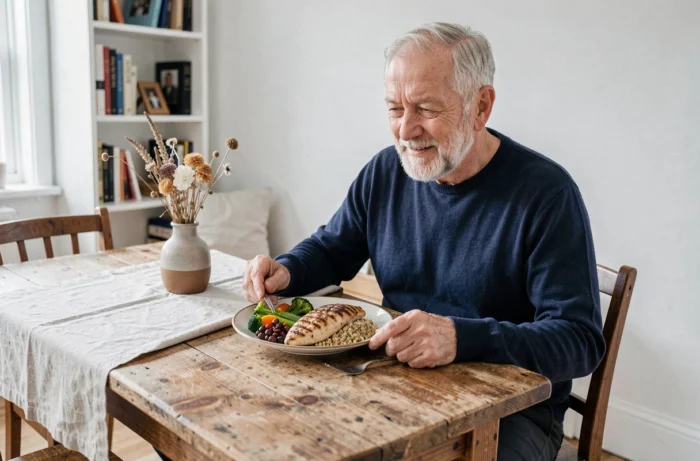 An older man enjoying a balanced meal of grilled chicken and vegetables in a modern dining room, symbolizing nutrition tailored for seniors
