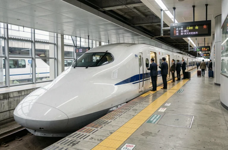 Shinkansen japonais en gare avec passagers sur le quai, train à grande vitesse du Japon