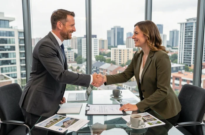 Two professionals signing a real estate contract in a modern agency with a city view