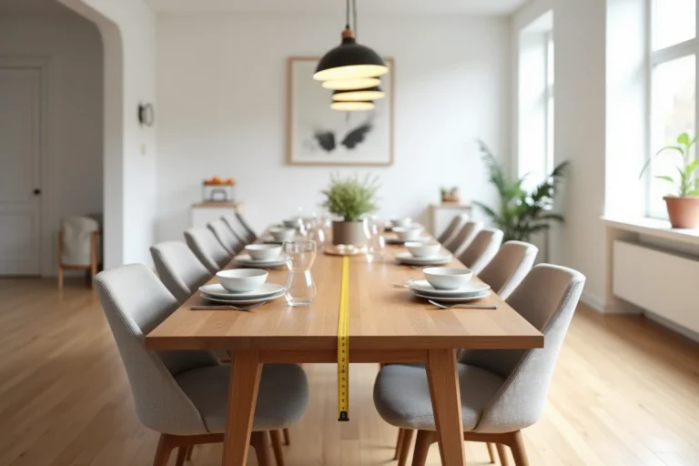 Table rectangulaire en bois pour 8 personnes avec chaises en lin dans une salle à manger scandinave, vue en plongée légère