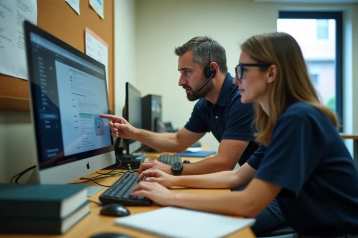 Technicien informatique aidant une collègue à résoudre un blocage de connexion iProf dans un bureau scolaire