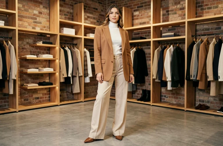 Femme élégante portant un blazer oversize camel et un pantalon large dans une boutique de mode parisienne tendance
