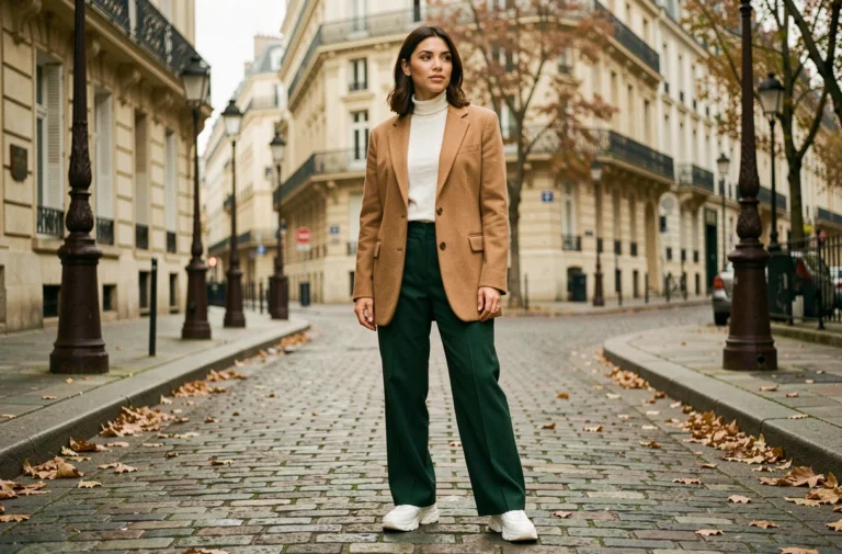 Femme élégante portant un blazer camel oversize et un pantalon large vert forêt dans une rue parisienne en automne, tendances mode 2024