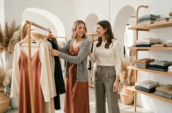 Deux femmes tendance parcourant les nouvelles collections dans une boutique de mode lumineuse et contemporaine