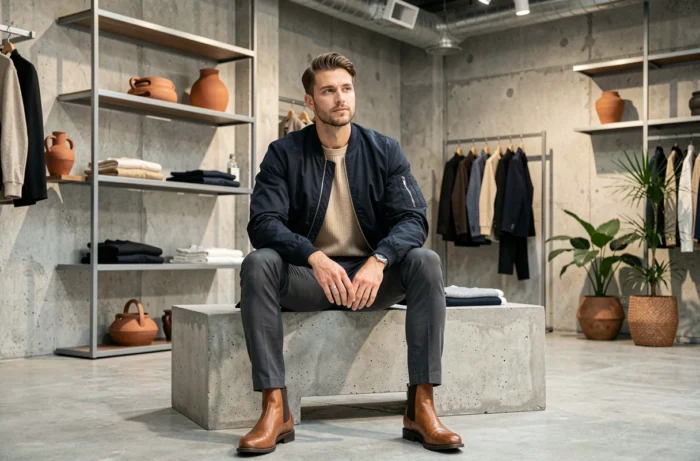 Uomo stiloso in bomber navy e stivaletti color cognac seduto in un concept store minimalista, tendenze moda maschile autunno-inverno