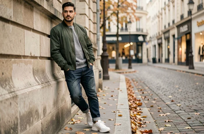 Homme stylé en bomber vert et jean selvedge appuyé contre un mur en pierre dans une rue pavée parisienne en automne