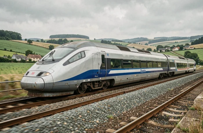 TGV Duplex en pleine vitesse dans la campagne française, train à grande vitesse SNCF