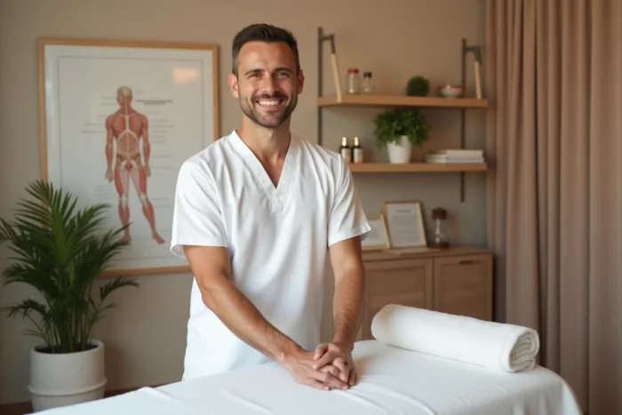 Thérapeute masculin professionnel en blouse blanche dans une clinique de bien-être moderne avec table de massage et huiles essentielles