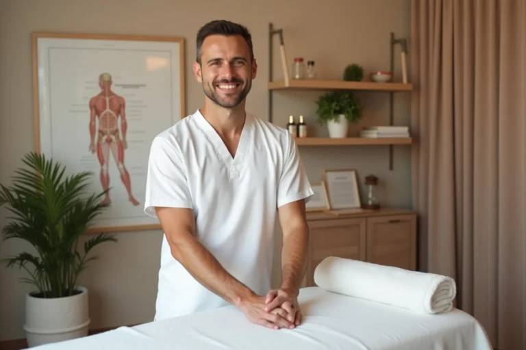 Thérapeute masculin professionnel en blouse blanche dans une clinique de bien-être moderne avec table de massage et huiles essentielles