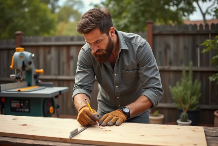 Homme utilisant un trusquin biseauté pour tracer une coupe en biais sur une planche de bois en extérieur