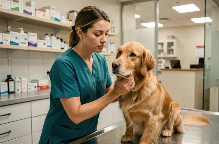 Vétérinaire examinant un golden retriever dans une clinique vétérinaire moderne