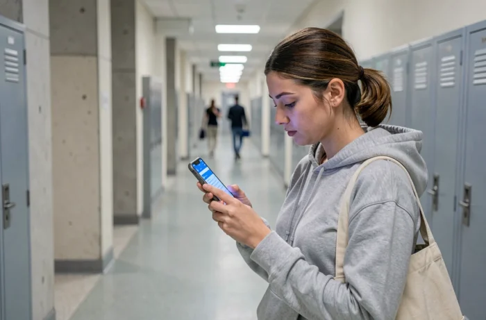 Studente che consulta il webmel dell'accademia di Créteil sul suo smartphone in un corridoio universitario