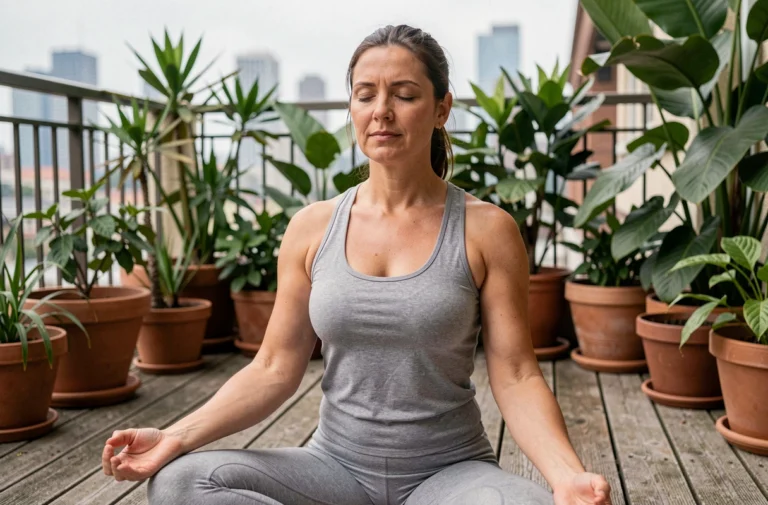 Femme pratiquant le yoga matinal sur une terrasse en bois entourée de plantes vertes pour préserver son bien-être au quotidien